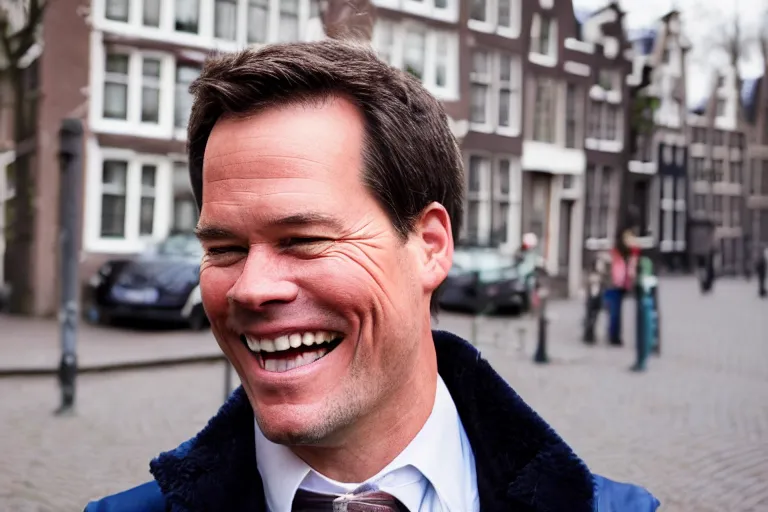 Prompt: closeup portrait of mark rutte laughing in an amsterdam street, natural light, sharp, detailed face, magazine, press, photo, steve mccurry, david lazar, canon, nikon, focus