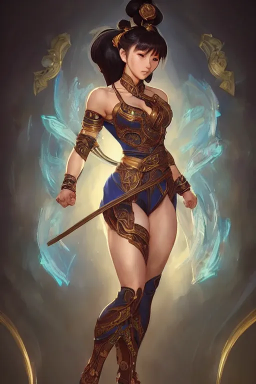 Image similar to beautiful chun li, full body shot, d & d, fantasy, intricate, elegant, highly detailed, digital painting, artstation, concept art, matte, sharp focus, illustration, hearthstone, art by artgerm and greg rutkowski and alphonse mucha