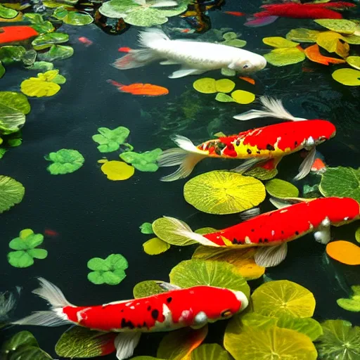 Prompt: view of a koi pond from underwater, sharp focus, sunlight, natural lighting, hd, 8k, enhanced