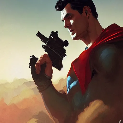 Image similar to Superman as a soldier in Arma 3, gorgeous, beautiful, intricate, highly detailed, digital painting, artstation, oppressive lighting, concept art, sharp focus, illustration, art by greg rutkowski and alphonse mucha