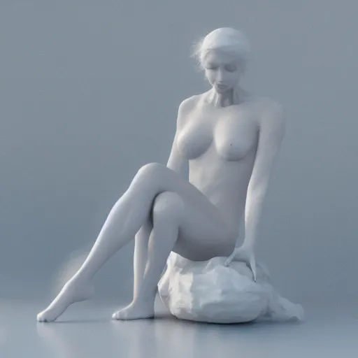 Image similar to 3 d fluid simulation render, octane render, xparticles, white colors, female bodies, white carved abstract sculpture