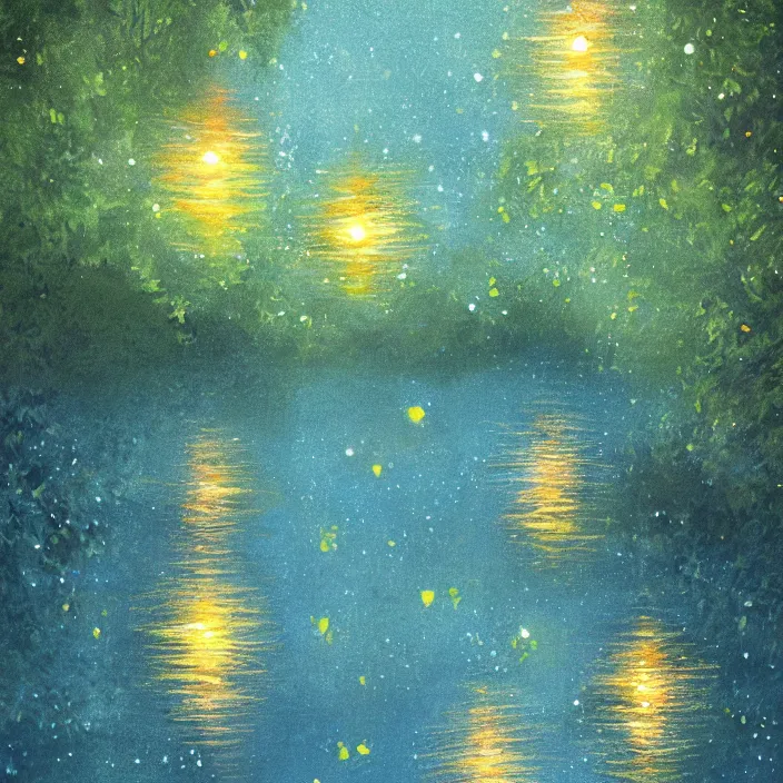 Prompt: lake trees night fireflies glowing above water digital painting concept art