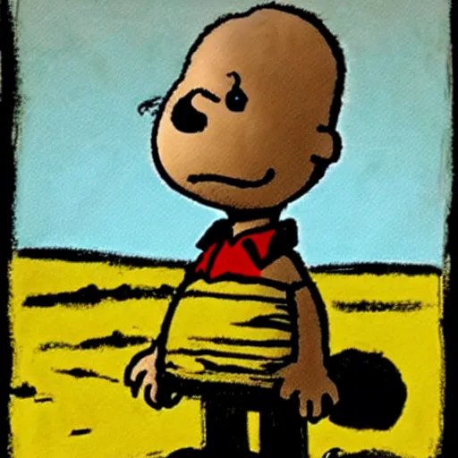 Image similar to Charlie Brown if he was a war criminal in 1945, somber, dark, Frank Weston Benson,