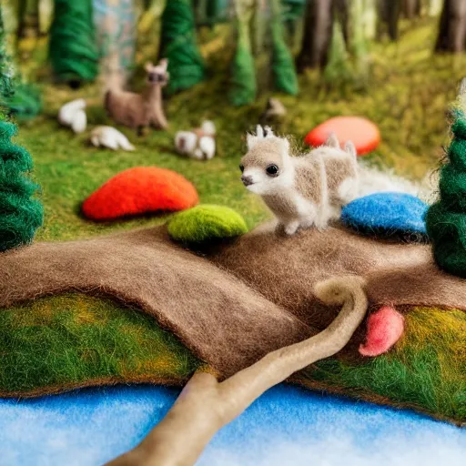 Image similar to high - res photograph of a felt sculpture diorama with cute fluffy forest critters, highly detailed sculpey diorama, forest setting, waterfall backdrop, realistic materials, wood, felt, cloth, burlap, smooth, sharp foccus, commercial product photography,