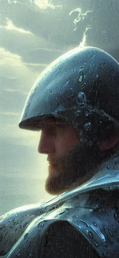 Image similar to suit of armor made of water, water armor, norway fjord, medium close up portrait, hudson river school, max rive, water armor, studio lighting, stormy seas, beautiful, bokeh, snowy, storm clouds, god rays, d & d, fantasy, elegant, low key color palette, concept art, roger deakins and greg rutkowski and alphonse mucha