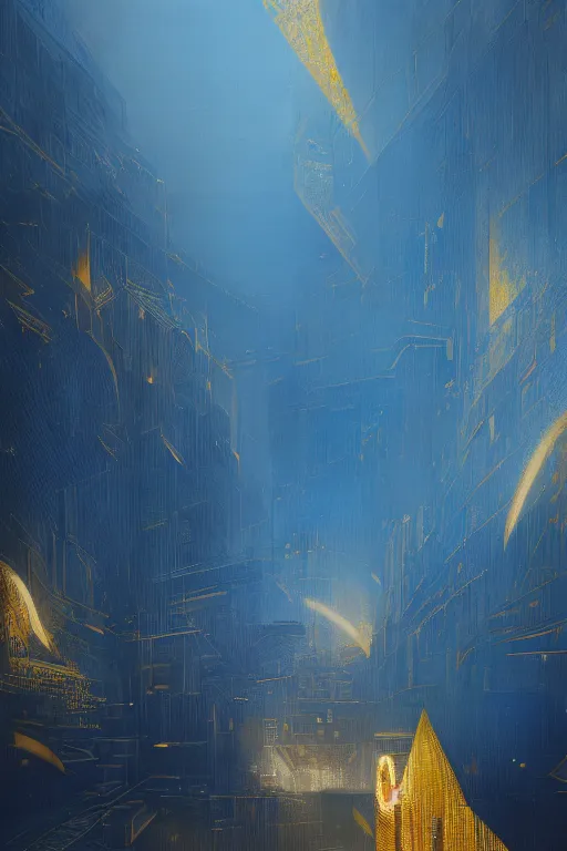 Prompt: art deco patterns, blue and gold, 8 k, powerfull, intricate, elegant, volumetric lighting, scenery, digital painting, highly detailed, artstation, sharp focus, illustration, concept art, ruan jia, steve mccurry, beksinski