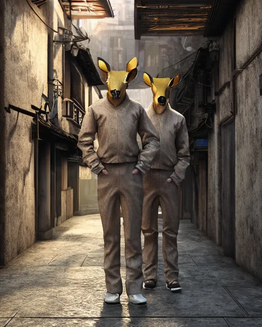 Image similar to artstation scifi scene of two deer - headed suit people, in a chinese town narrow alley, dim lights, long shadows, summer unreal engine 5, hyper realism, realistic shading, cinematic composition, blender render, octane render, hdr, detailed textures, photorealistic, wide shot