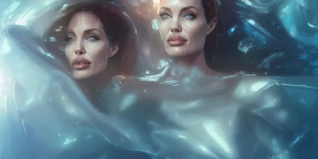 Image similar to Angelina jolie as a futuristic astronaut, underwater in the ocean at night, murky water, volumetric lighting, glowing lights, 4k, octane, digital painting, artstation, concept art, sharp focus, underwater photograph , art by artgerm and greg rutkowski and alphonse mucha , portrait,