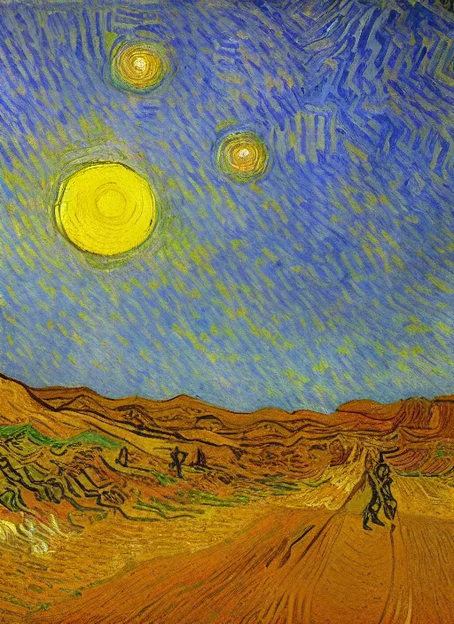 Image similar to high detailed oil painting of sunrise in the desert painted by vincent van gogh