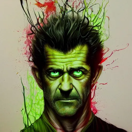 Image similar to a Demon Slayer portrait of Mel Gibson, tall, pale-skinned, slender with lime green eyes and long eyelashes by Stanley Artgerm, Tom Bagshaw, Arthur Adams, Carne Griffiths, trending on Deviant Art, street art, face enhance, chillwave, maximalist, full of color, glittering