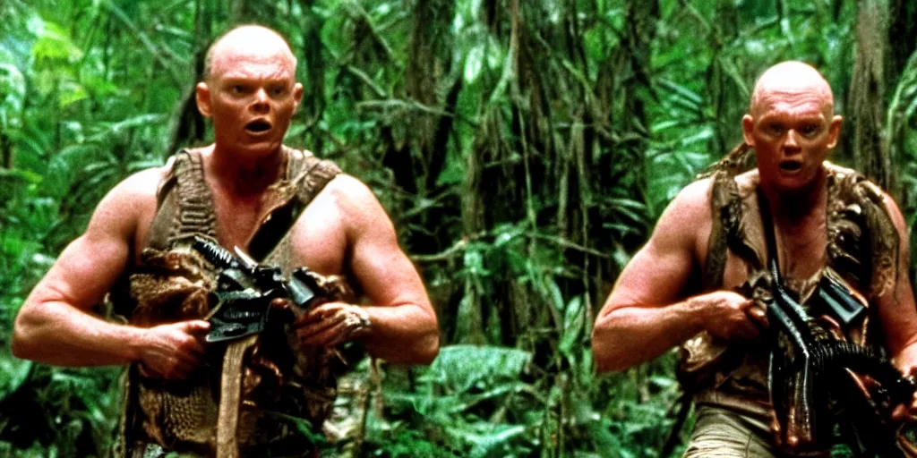 Image similar to a film still of Bill burr in Predator, high quality