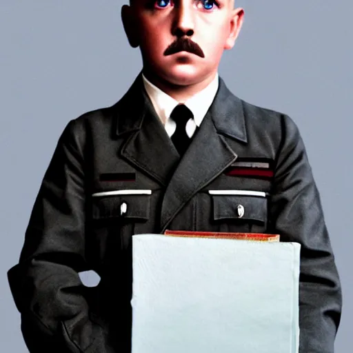 Prompt: full length photo of a child adolf hitler standing carrying school books, hitler moustache, digital art, white background, full color