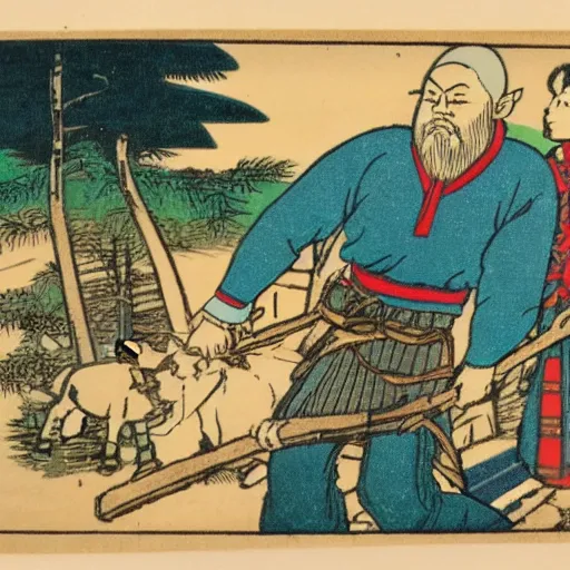 Prompt: late meiji period, colored woodblock print, paul bunyan and babe the blue ox