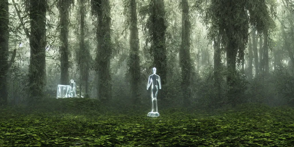Prompt: a transparent glas statue on a sunny day in a mossy forest. Hyperrelistic, concept art, unreal engine