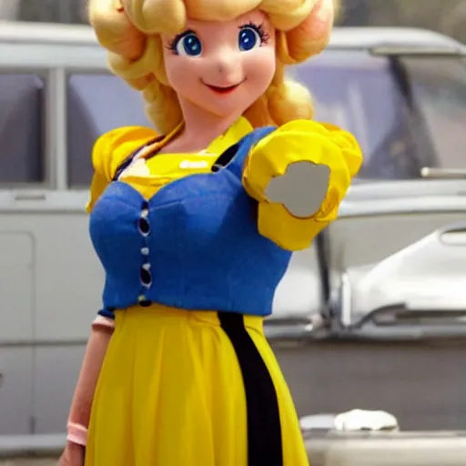 Image similar to princess peach starring in breaking bad. real person.