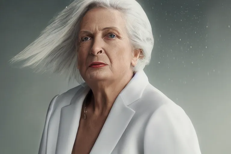 Prompt: a realistic studio cinematic headshot portrait of an old beautiful woman on top of skyscaper, wearing futuristic white suit, ceo, 4 k, ultra realistic, dramatic lighting, rain, clouds, fog, vogue, fashion, magazine spread, by annie leibovitz