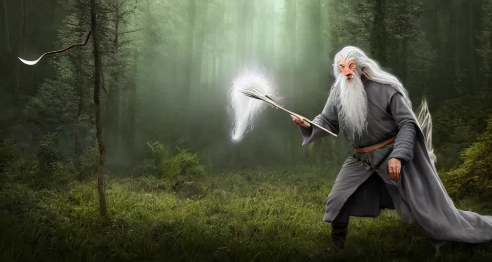 Image similar to A beautiful hyper realistic ultra detailed lifelike matte painting of Gandalf the grey throwing a magic gigantic fork spell towards beehive in forest, unreal engine, deviantart, flickr, artstation, octane render, textured, colorful, extreme realistic detail, physically based rendering, pbr render, very detailed, volumetric lighting, detailed lighting, octane render, 4k, cinematic lighting, 8k resolution