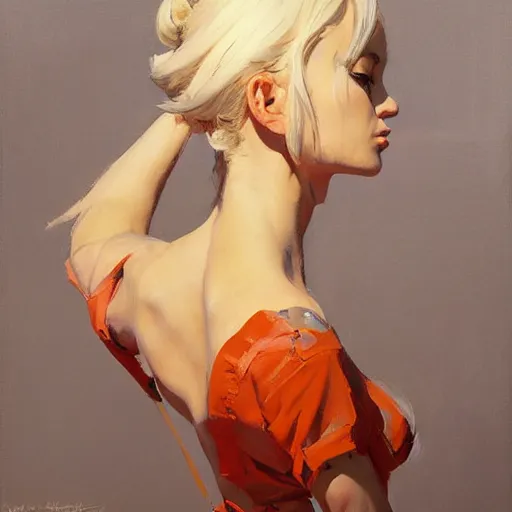 Prompt: greg manchess portrait painting of yorha type a no. 2 from behind, organic painting, sunny day, matte painting, bold shapes, hard edges, street art, trending on artstation, by huang guangjian and gil elvgren and sachin teng
