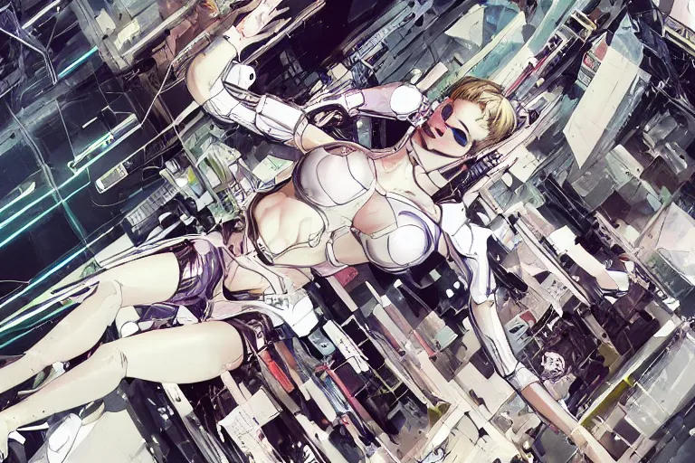 Prompt: a finely composed cyberpunk illustration of a group of white female androids' in style of hajime sorayama, lying scattered over an abstract, empty, white floor, by masamune shirow and katsuhiro otomo, hyper-detailed, colorful, view from above, wide angle, close up, spacious