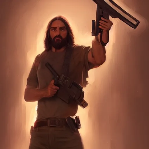 Image similar to jesus with a gun, cinematic lighting, highly detailed, concept art, art by wlop and artgerm and greg rutkowski, masterpiece, trending on artstation