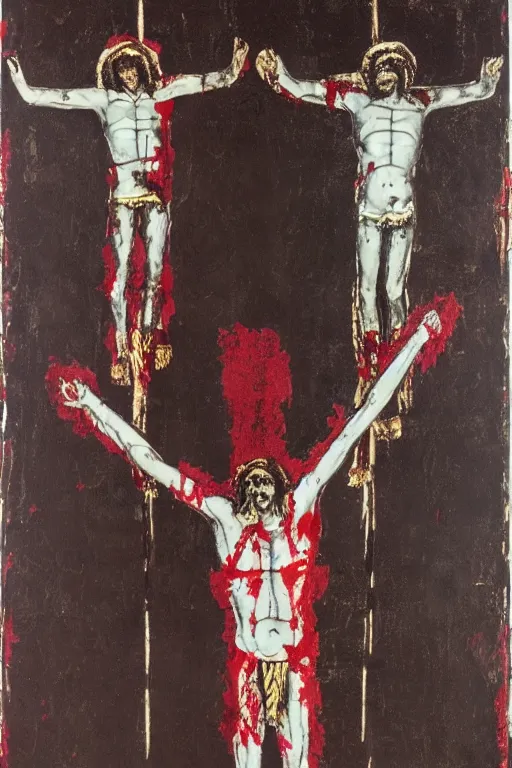 Prompt: bloody jesus christ crucified painted by cy twombly and keith haring