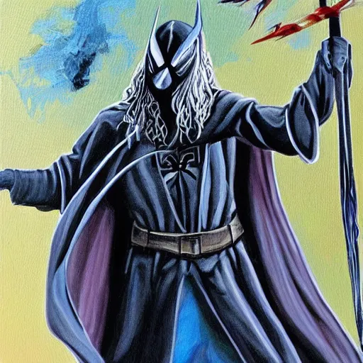 Image similar to gandalf as spiderman, painting