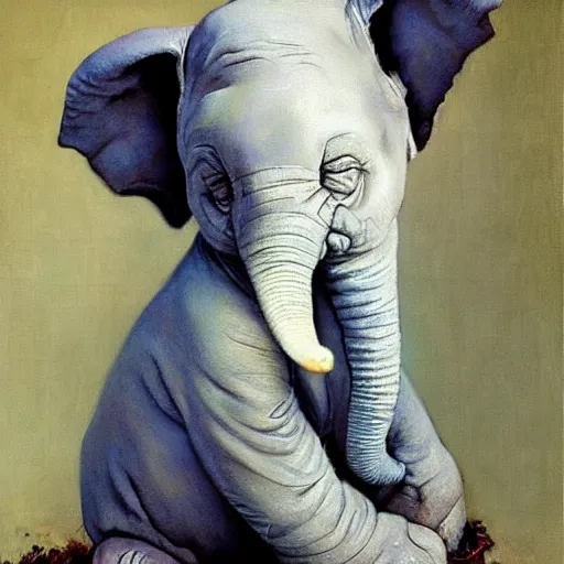 Image similar to a white baby elephant portrait by Norman Rockwell , ultra realistic painting, looking at the camera, smiling, highly detailed illustration, 8k, masterpiece, trending on cgsociety