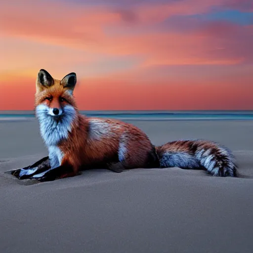 Image similar to fox chilling on the beach, photo, vaporwave