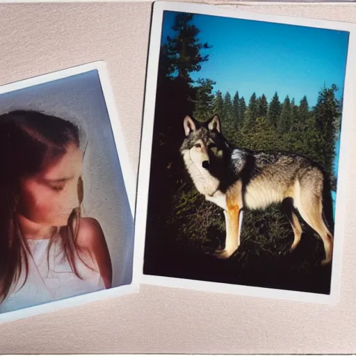 Prompt: polaroid collage, sunllight, girl, wolf