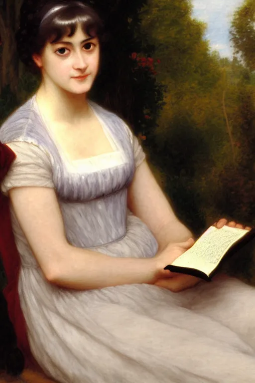 Image similar to jane austen with a book, painting by rossetti bouguereau, detailed art, artstation