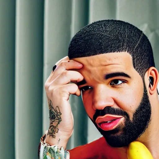 Prompt: a photograph of drake holding a banana up to his ear