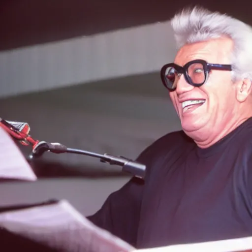 Prompt: harry caray singing in press box