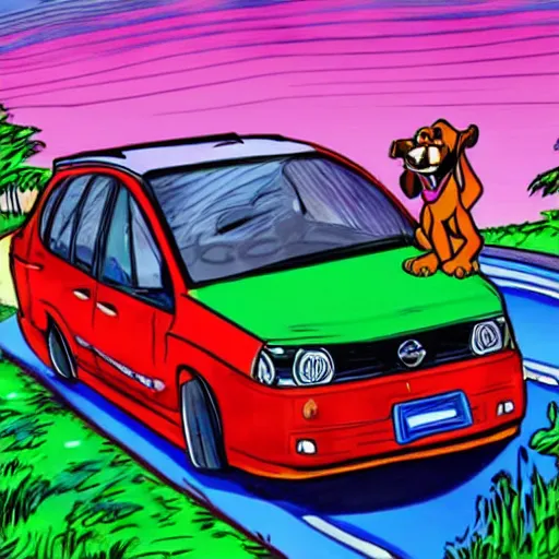 Image similar to scooby doo professionally driving inside a nissan pulsar through windy roads in the hills, drawn anime style