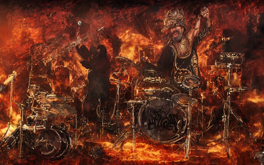 Image similar to khamenei playing drums in heavy metal band in hell hanged bodies in horizon, high definition, trending on artstation, unreal engine, photorealistic, high resolution,, trending on deviantart, hdr, hyper detailed, insane details, intricate, elite, ornate, elegant, luxury, dramatic lighting