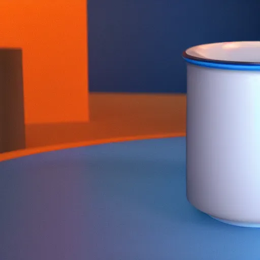 Prompt: White mug, hyperrealism, diffuse shadows, orange and blue diffuse shadows unreal engine 5 tech demo, zillow interior, cool tint, vivid colors, metallic reflective, octane render, Frank Lloyd Wright ((Studio Ghibli))