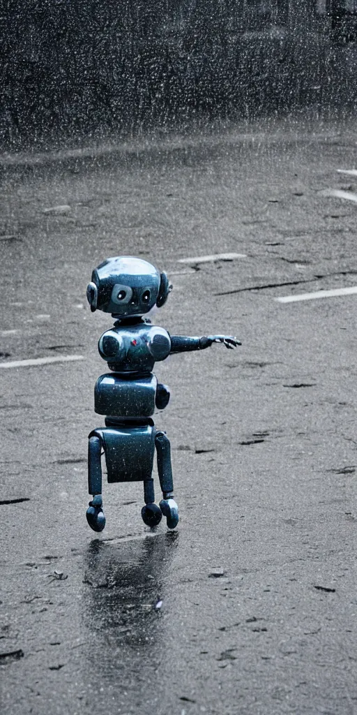 Image similar to robot on the road, city, photo, rain,