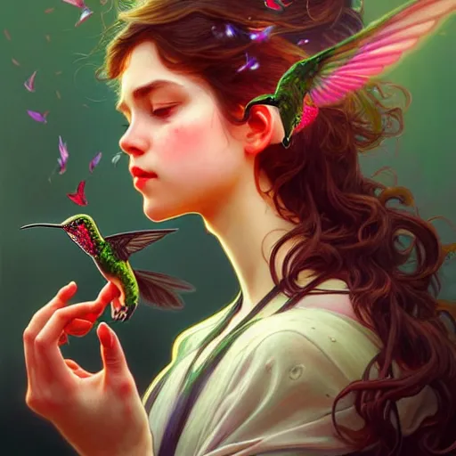 Image similar to Portrait of a girl exhaling smoke being surrounded by hummingbirds, face, fantasy, intricate, elegant, highly detailed, digital painting, artstation, concept art, smooth, sharp focus, illustration, art by Fernanda Suarez and Artem Demura and alphonse mucha