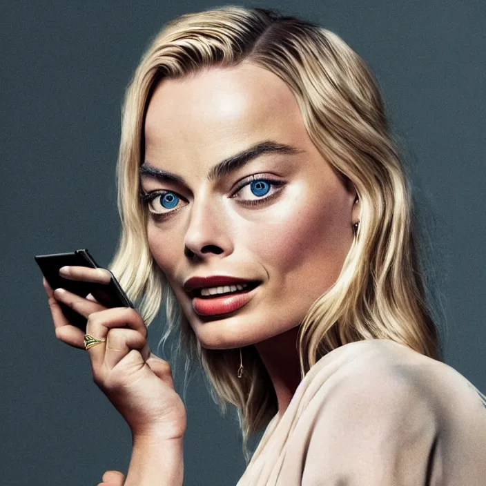 Image similar to margot robbie, holding iphone. very coherent symmetrical artwork. cinematic, high detail, octane render, 8 k, iridescent accents