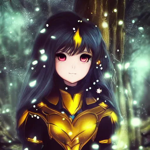 Image similar to focus face portrait of beautiful darkness knight 3D anime girl, golden armor wearing, dark forest background, snowing, bokeh, inspired by Masami Kurumada, digital painting, high contrast, unreal engine render, volumetric lighting, high détail