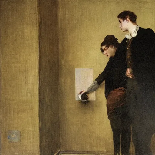 Image similar to a young man and a young woman solving an escape room puzzle, mysterious markings on the wall, by alfred stevens