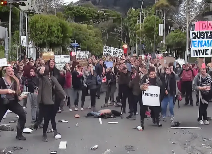 Image similar to A group of New Zealand Freedom protesters being outraged about potholes. News footage