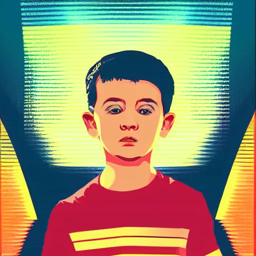 Prompt: a portrait of little boy in retro colors, synthwave style, 2 d digital vector art