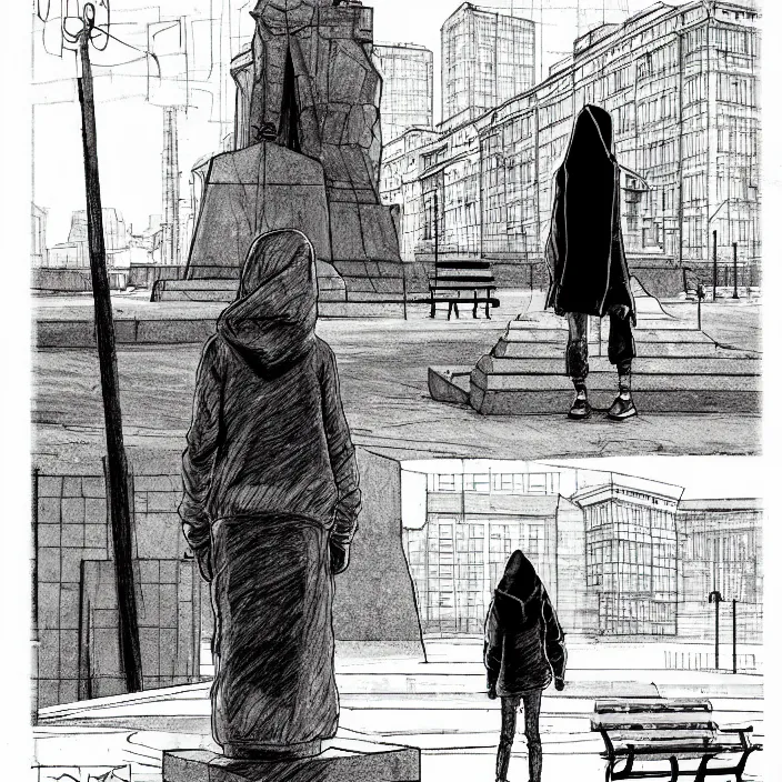 Image similar to storyboard : sadie sink in hoodie sat down on bench in ruined square, pedestrians walk by, old soviet monument nearby. scifi cyberpunk. drawn by gabriel hardman. cinematic atmosphere, detailed and intricate, perfect anatomy