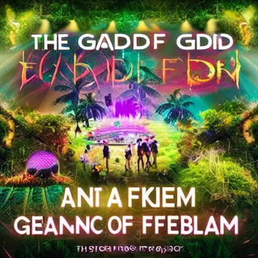 Prompt: the garden of eden but it's an edm festival