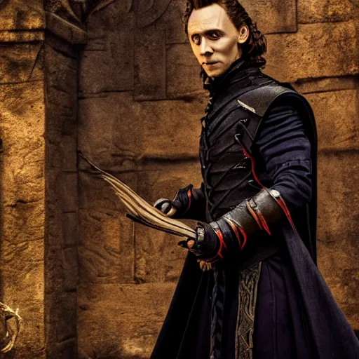 Image similar to portrait of a Tom hiddleston as a warlock ,Grim fantasy, D&D, HDR, natural light, shoulder level shot, dynamic pose, award winning photograph, Mucha style 4k,