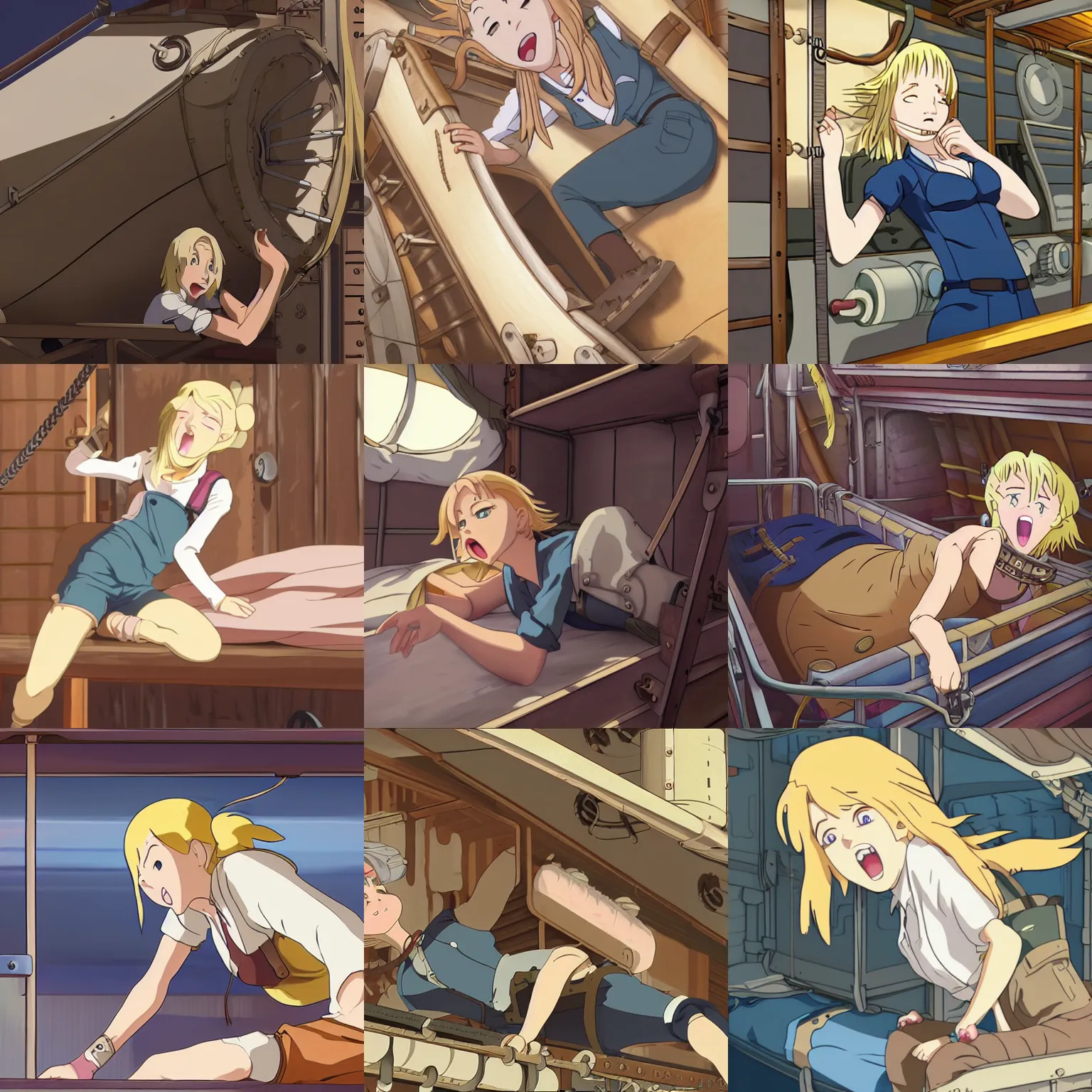 Prompt: Character portrait of a tank top-clad blonde female airship mechanic stretching and yawning in her cramped bunk, steampunk, beautiful face, highly detailed, cel shading, anime still, by Studio Ghibli, Makoto Shinkai, Kyoto Animation