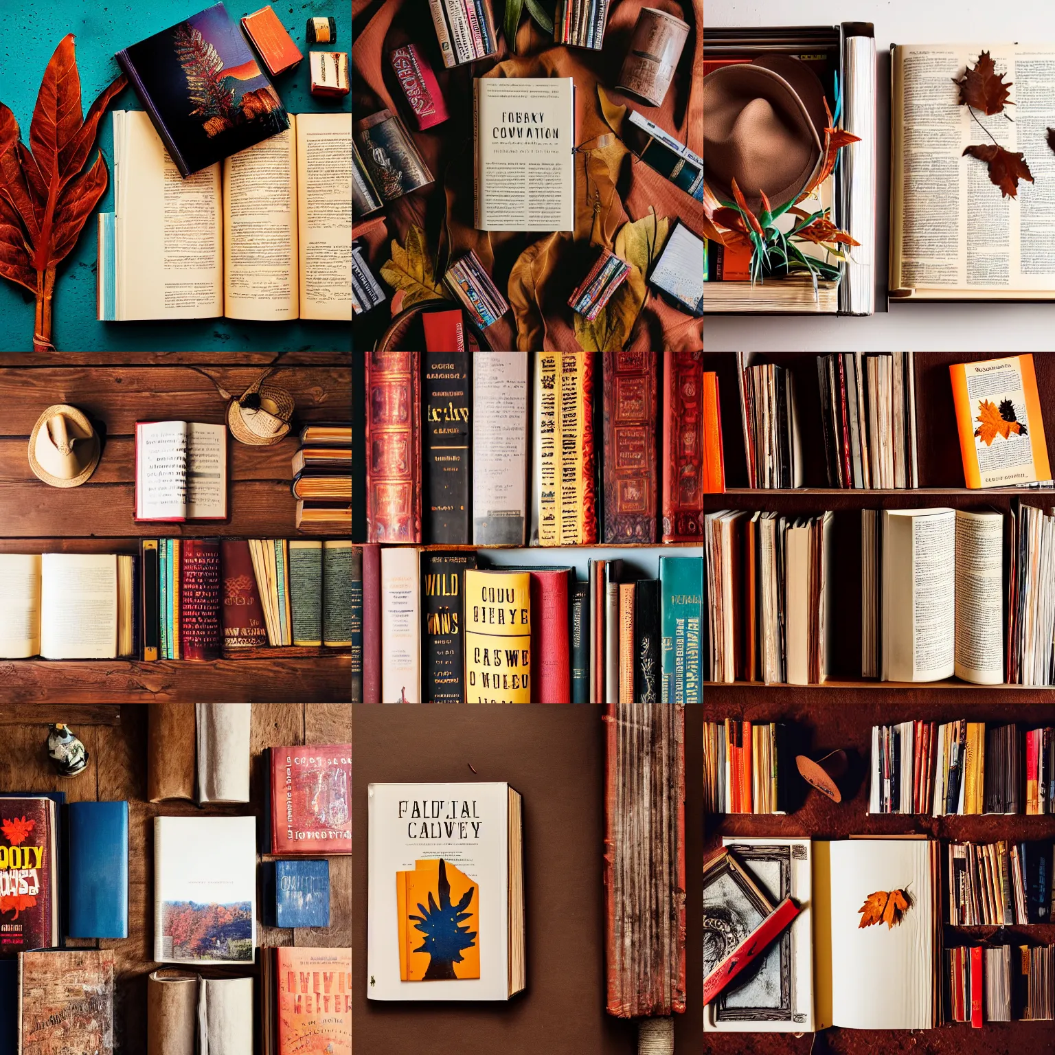 Prompt: flatlay cowboy book collection, vivid colors, dramatic lighting, minimalist and clean, scattered brown leaves
