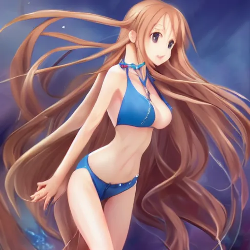 Image similar to a very beautiful mature yuuki asuna, full body, long wavy blond hair, sky blue eyes, full round face, bikini, miniskirt, front view, mid - shot, cute pose, highly detailed, cinematic wallpaper by stanley artgerm lau