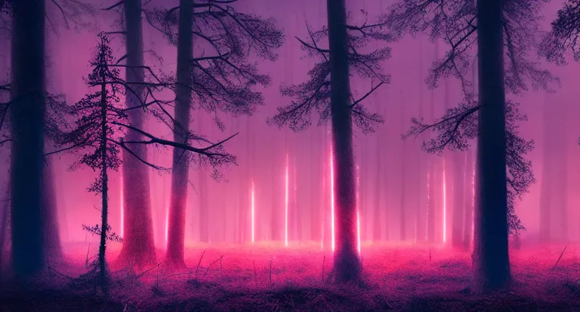 Prompt: national geographic photo of dark russian forest, soft colors, bright neon on trees, retro-futurism, atomic heart game concept render