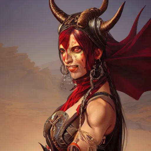 Image similar to portrait of a female berber tiefling with red skin, devil horns and black hair in a ponytail wearing a steel chestplate in a desert, fantasy, highly detailed, digital painting, artstation, concept art, character art, art by artgerm and greg rutkowski and alphonse mucha
